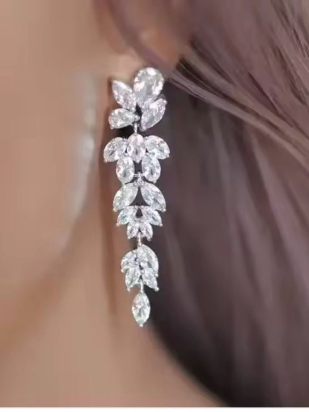 Elegant Silver Crystal Leaf Drop Earrings - Diamond Crystal Accents.